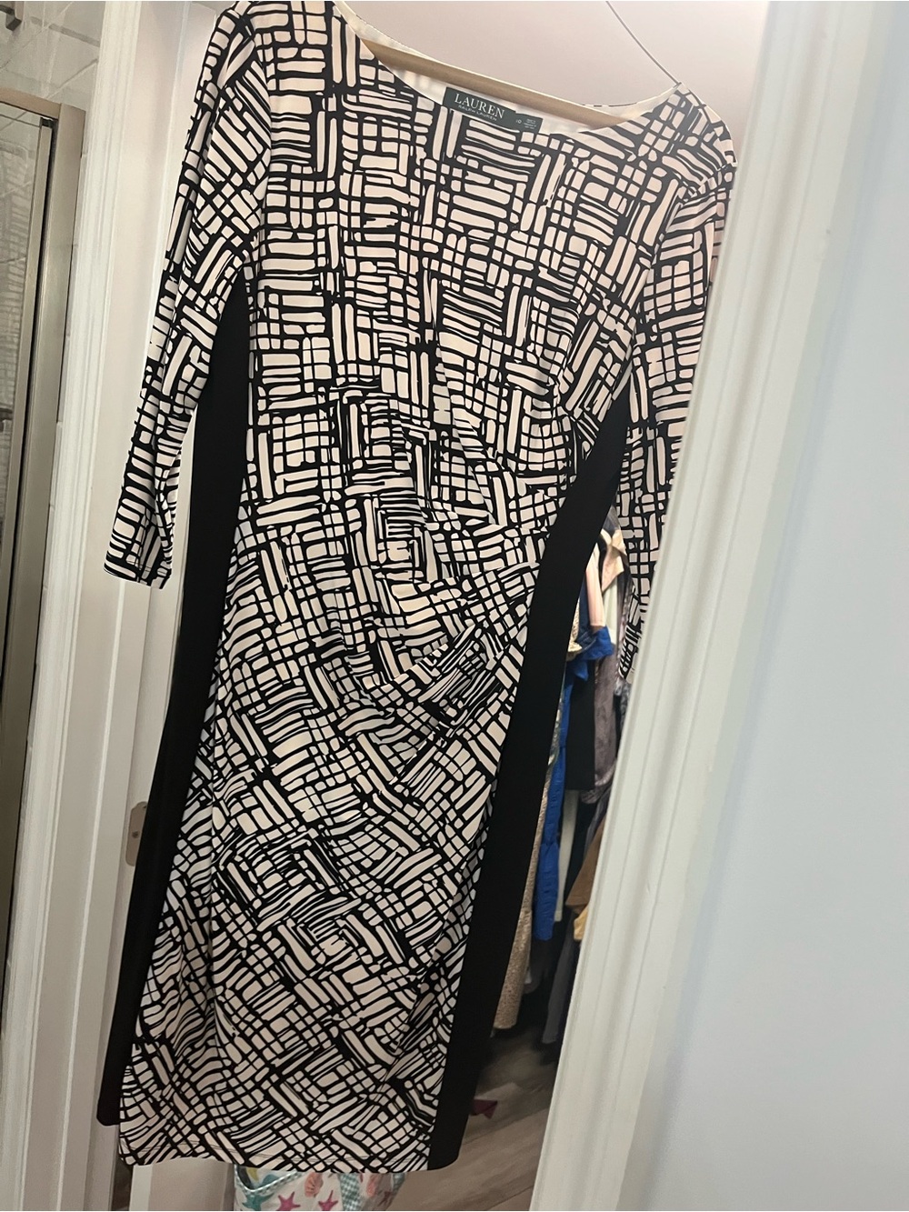 Ralph Lauren Black and Cream Geometric Midi Dress